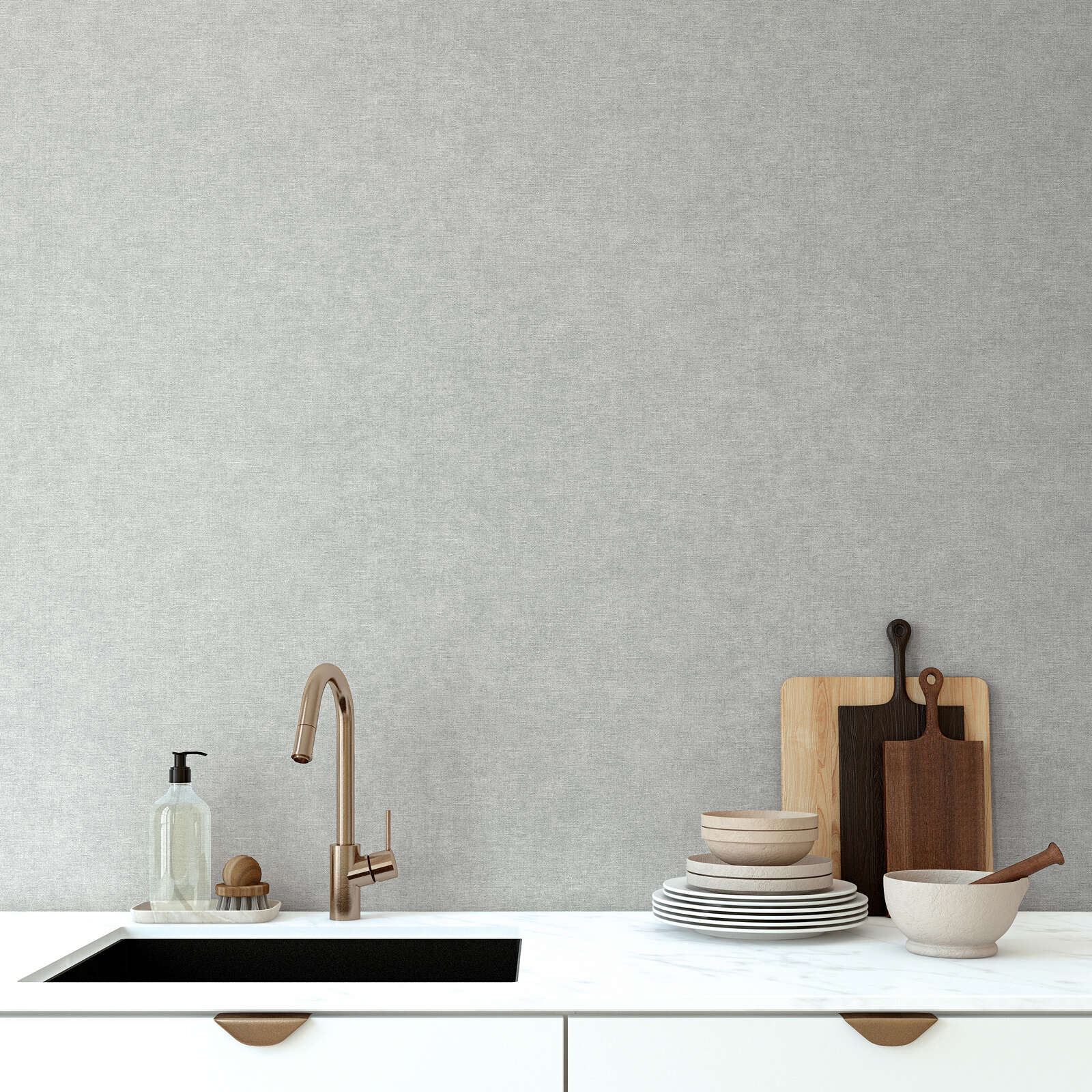 Vienkrāsainas tapetes ar tekstila izskatu - tumši pelēkā krāsā, 395659 AS Creation