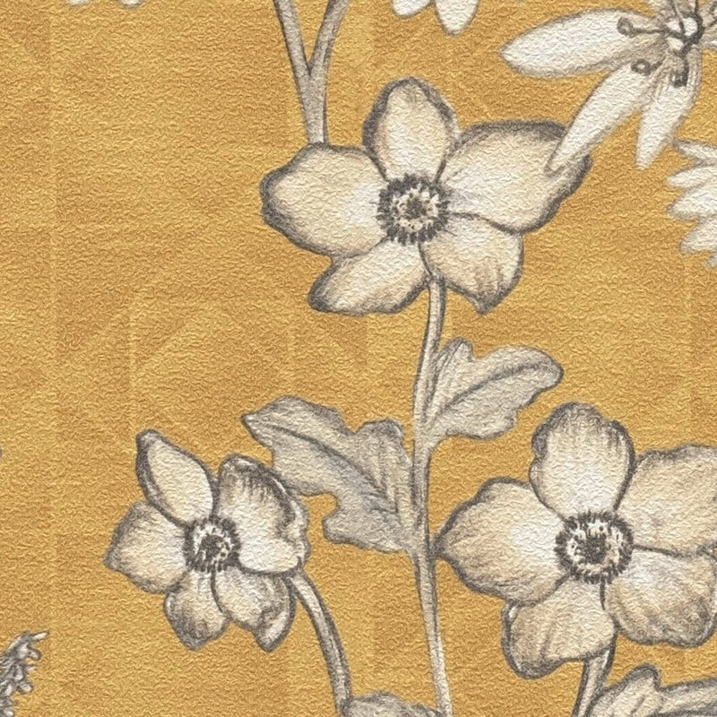 Vintāžas flizelīna tapetes ar ziedu rakstu - dzeltenā krāsā, 1374004 AS Creation