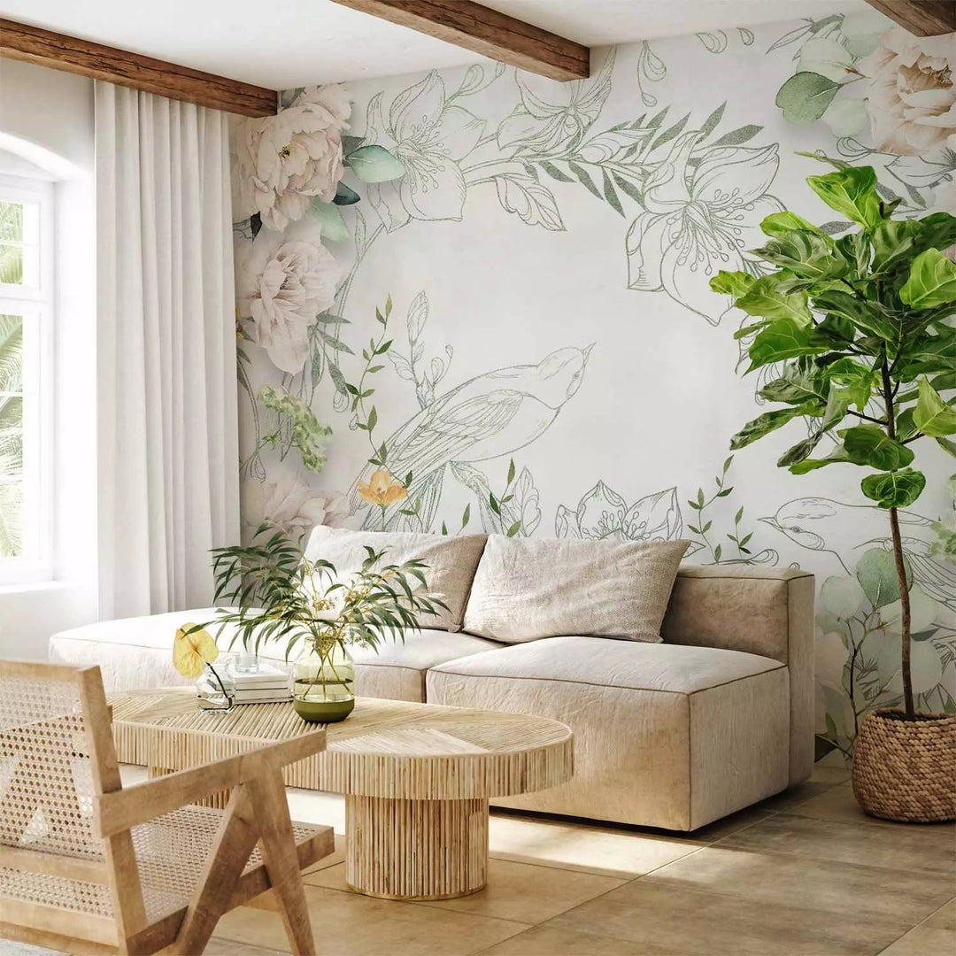 Fototapetai - Ryškios gėlės, žali lapai su paukščiais, 148836