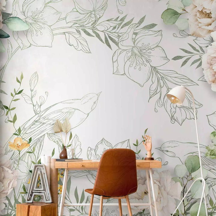 Fototapetai - Ryškios gėlės, žali lapai su paukščiais, 148836