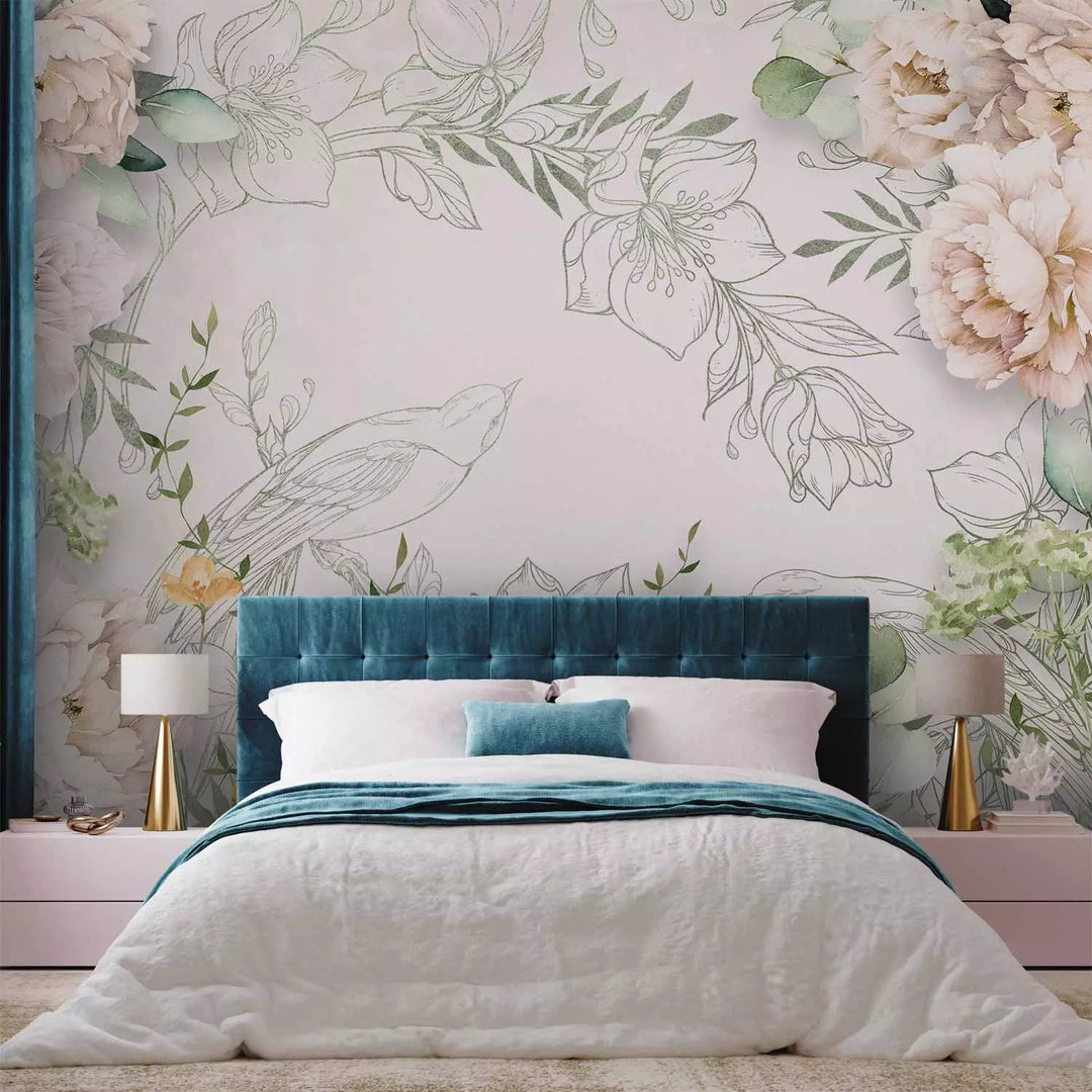 Fototapetai - Ryškios gėlės, žali lapai su paukščiais, 148836