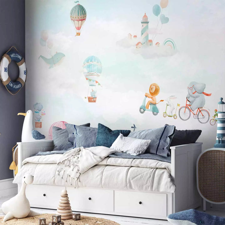 Fototapetai - Stebuklų šalis - Gyvūnai skrenda virš miesto, 149228