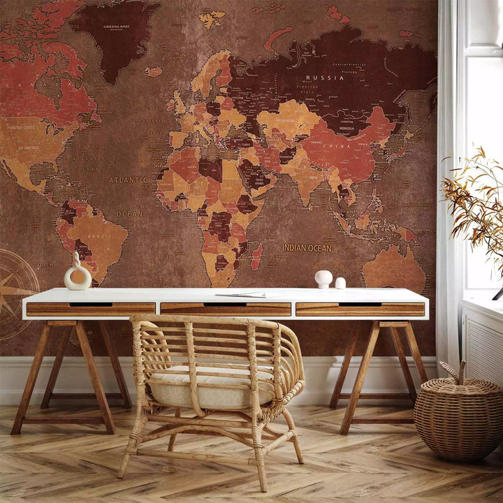 Фотообои с континентами на неоднородном фоне с компасом в углу, 91660