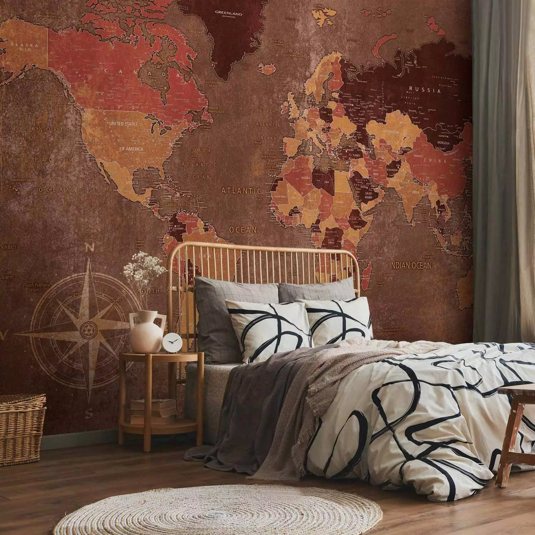 Фотообои с континентами на неоднородном фоне с компасом в углу, 91660