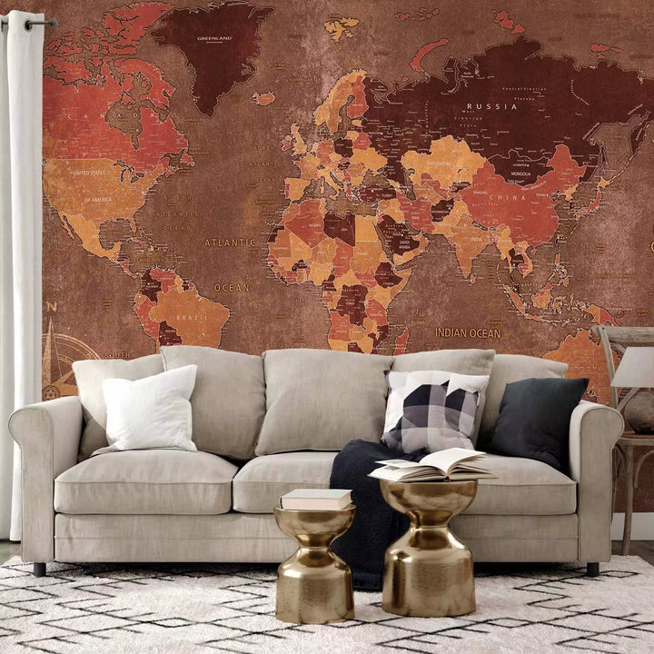 Фотообои с континентами на неоднородном фоне с компасом в углу, 91660