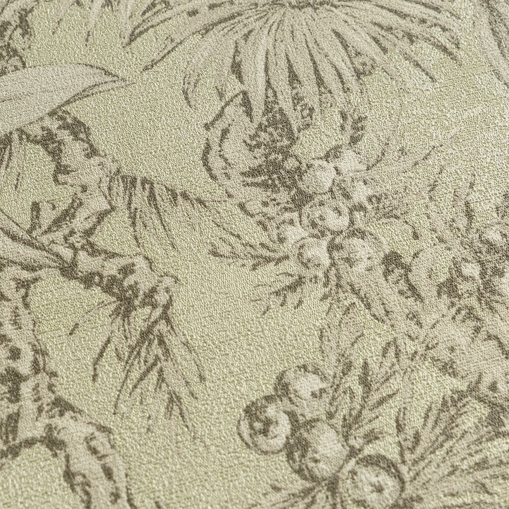 Greenish non-woven wallpaper with a matte botanical pattern and glossy background, 3007713