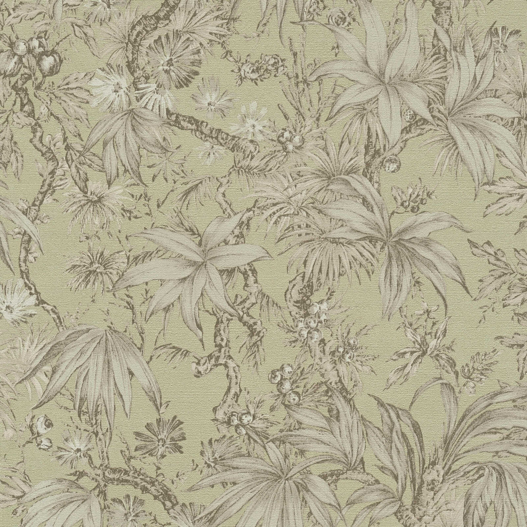 Light greenish wallpaper with a delicate drawing of tropical plants and branches, close-up
