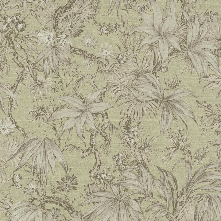 Light greenish wallpaper with a delicate drawing of tropical plants and branches, close-up