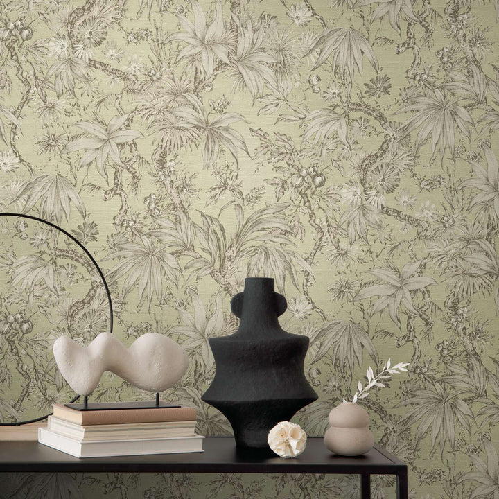 Greenish non-woven wallpaper with a matte botanical pattern and glossy background, 3007713
