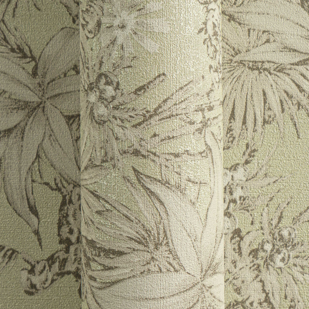 Greenish non-woven wallpaper with a matte botanical pattern and glossy background, 3007713