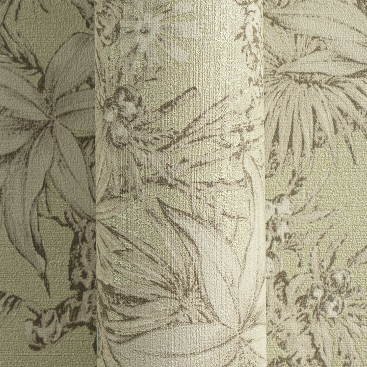 Greenish non-woven wallpaper with a matte botanical pattern and glossy background, 3007713