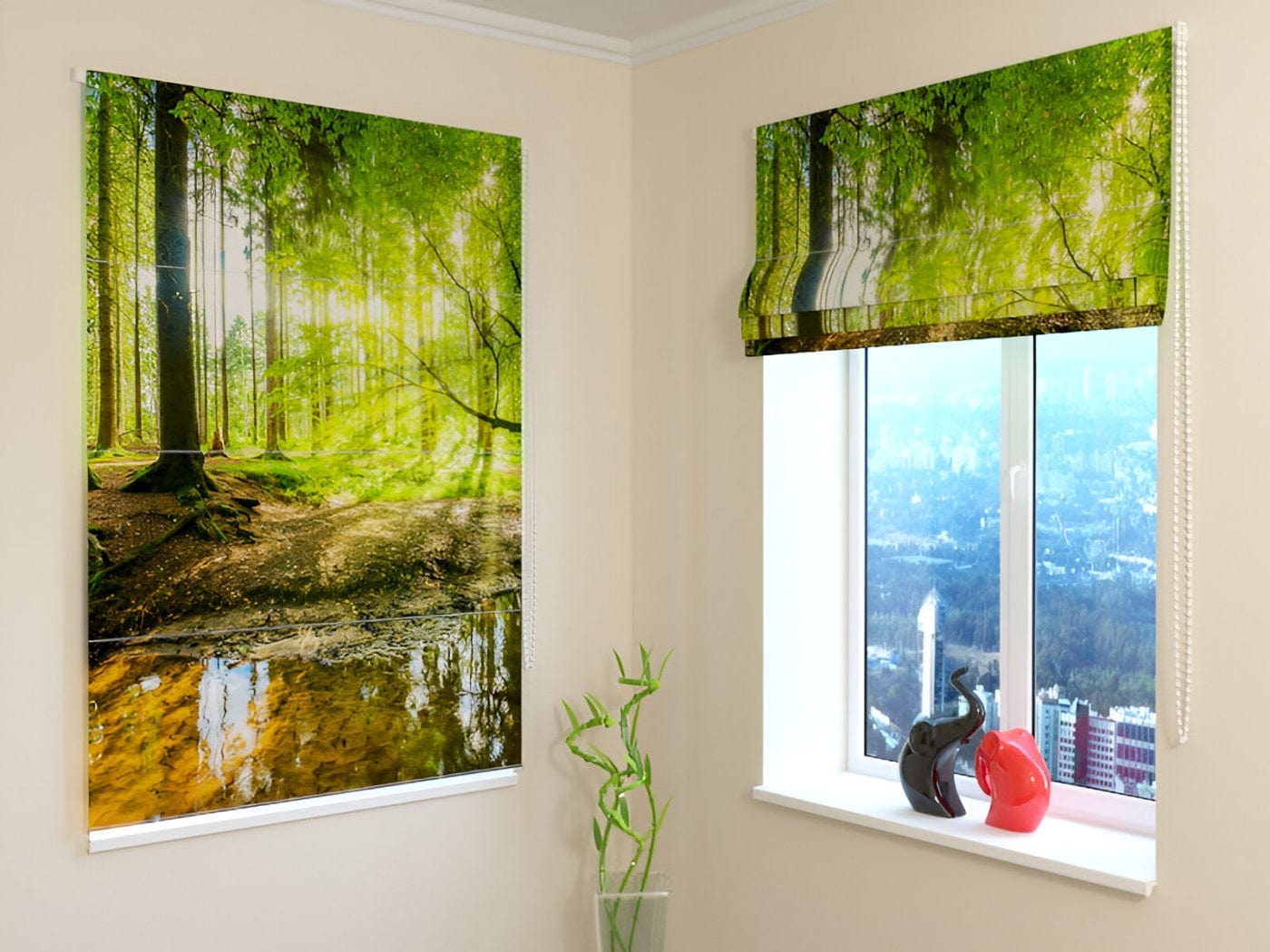 Žalūzijas ar dabas motīvu - Saules stari mežā - zaļā krāsā Tapetenshop.lv