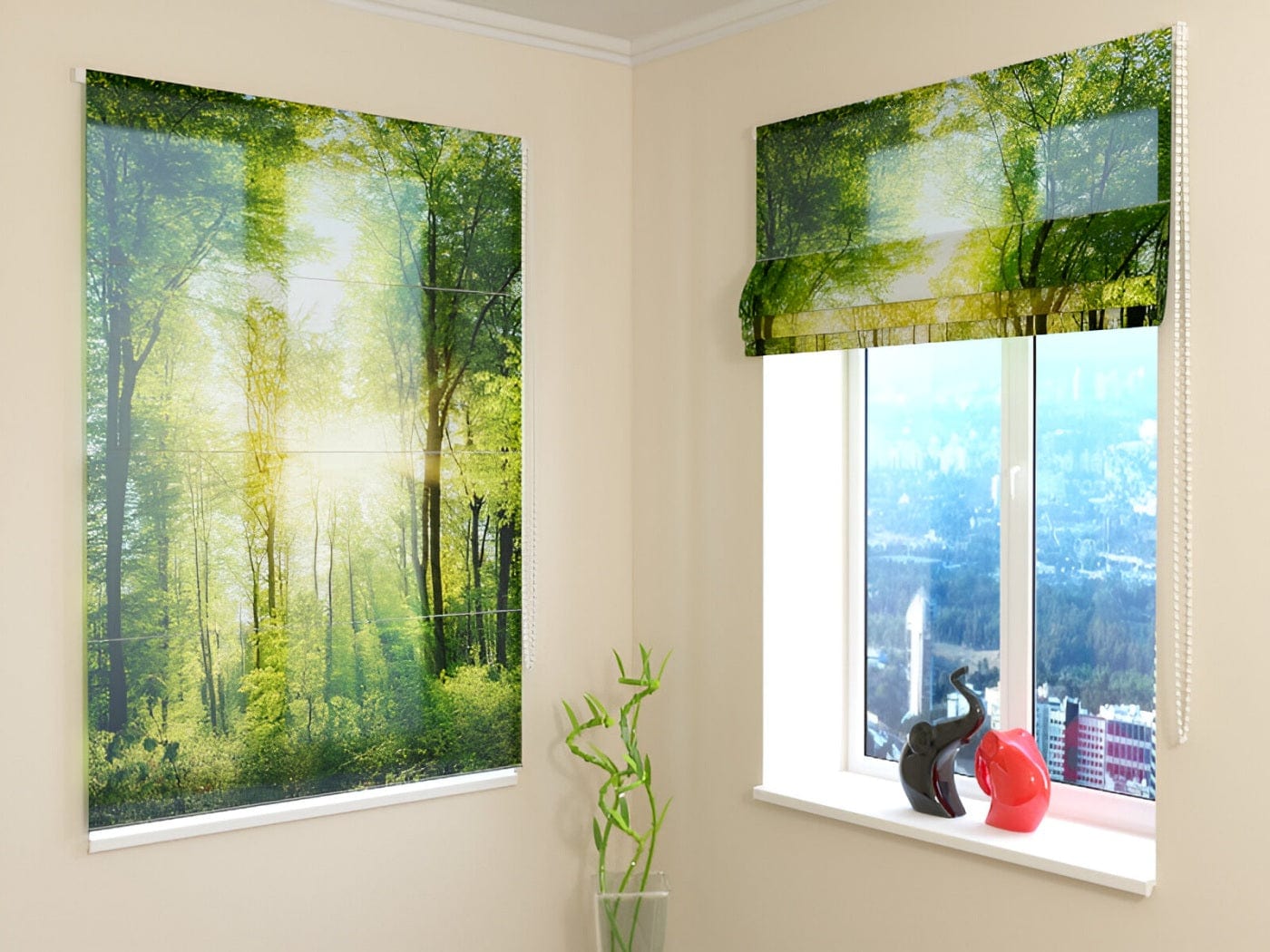 Žalūzijas ar meža skatu - Saules stari - zaļā krāsā - pasūtīt Tapetenshop.lv