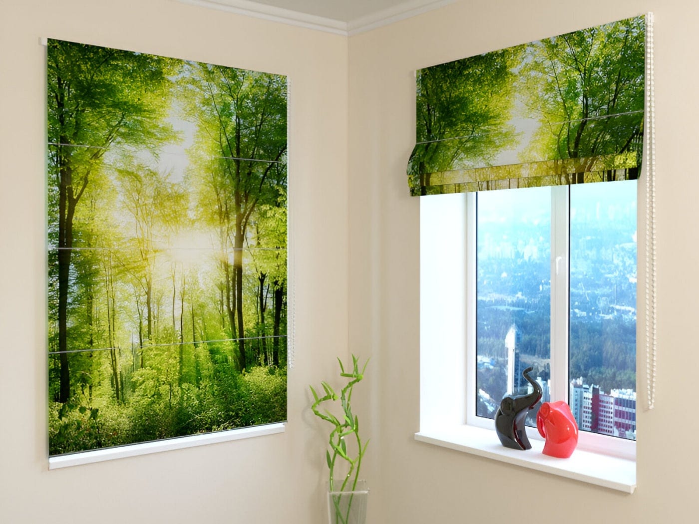 Žalūzijas ar meža skatu - Saules stari - zaļā krāsā - pasūtīt Tapetenshop.lv