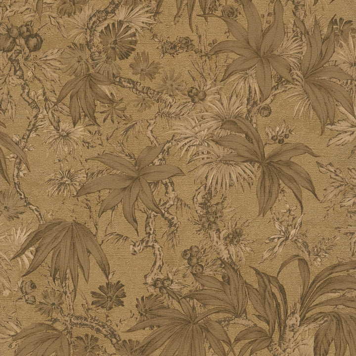 Golden-brown wallpaper with a delicate drawing of tropical plants and branches, close-up