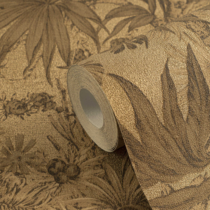 Golden non-woven wallpaper with a matte botanical pattern and glossy background, 3007710