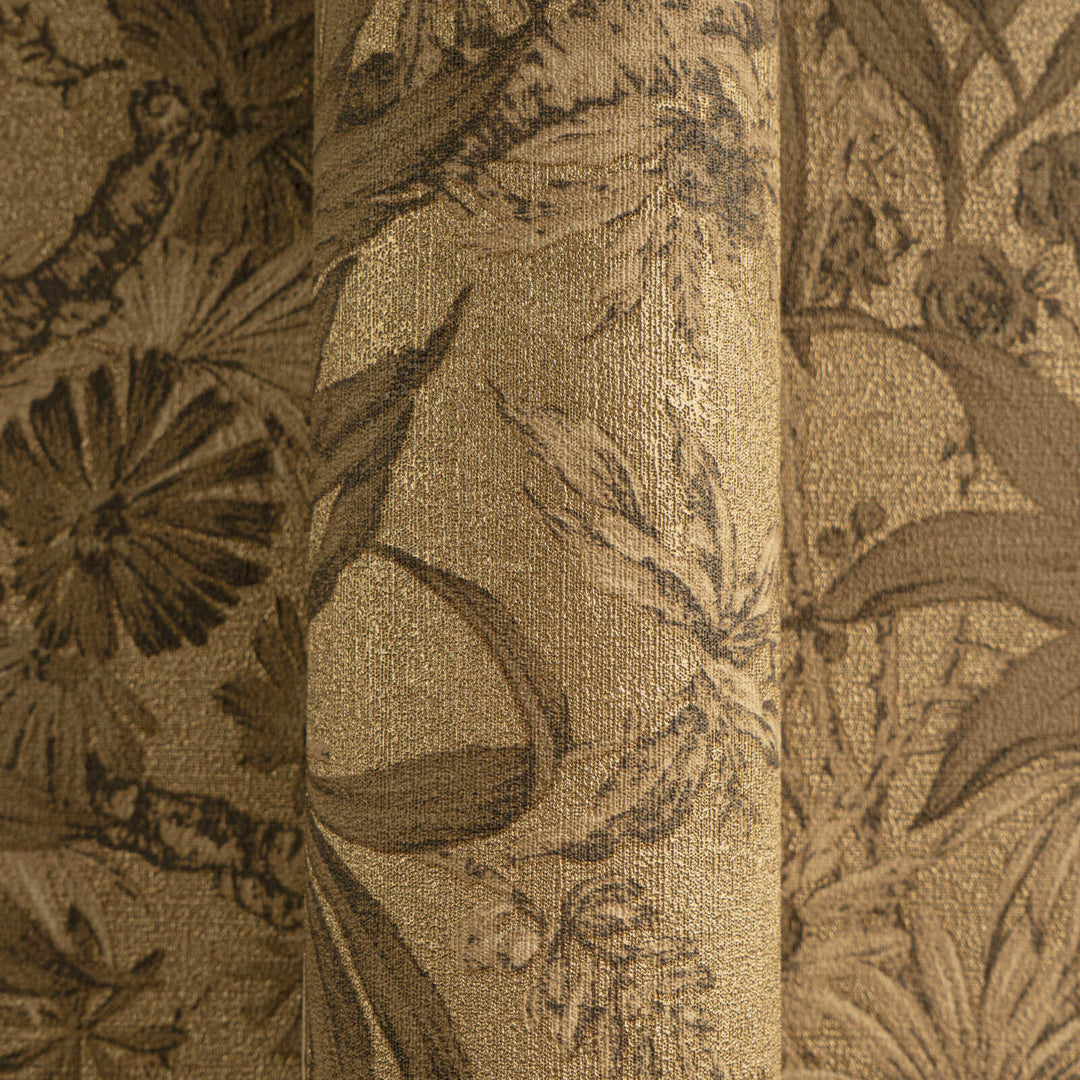 Golden non-woven wallpaper with a matte botanical pattern and glossy background, 3007710