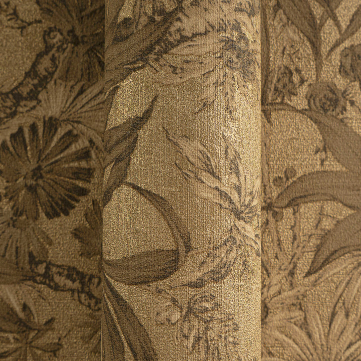 Golden non-woven wallpaper with a matte botanical pattern and glossy background, 3007710