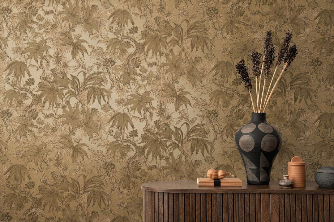 Golden non-woven wallpaper with a matte botanical pattern and glossy background, 3007710