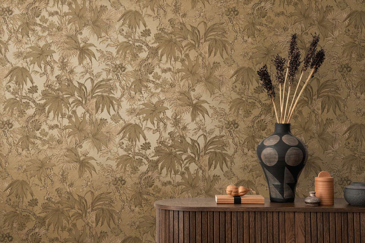 Golden non-woven wallpaper with a matte botanical pattern and glossy background, 3007710