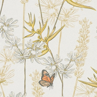 Ziedu tapetes ar zāli un tauriņiem, matēta tekstūra, baltā un dzeltenā, 1401767 AS Creation
