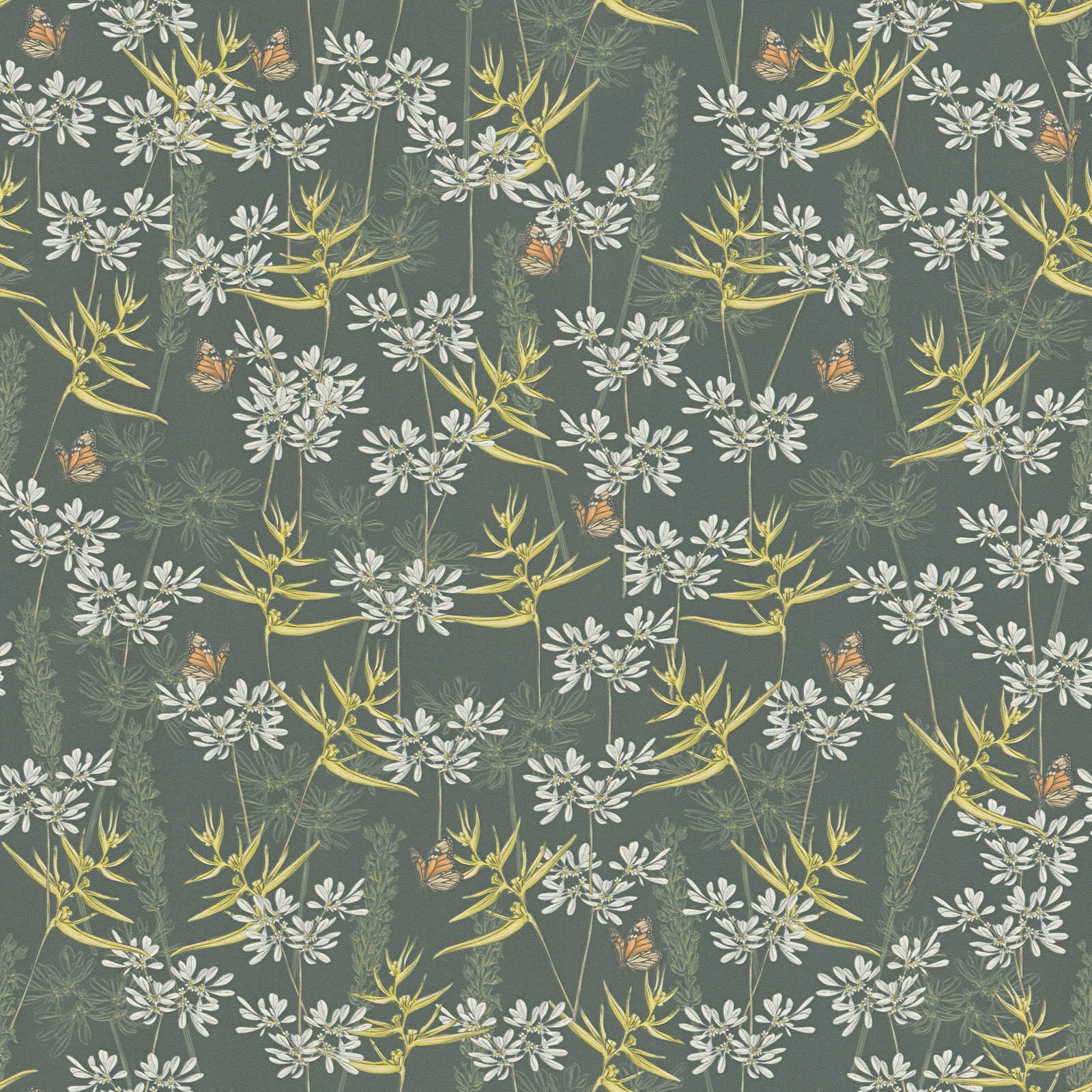 Ziedu tapetes ar zāli un tauriņiem, zaļā un dzeltenā, 394232 AS Creation