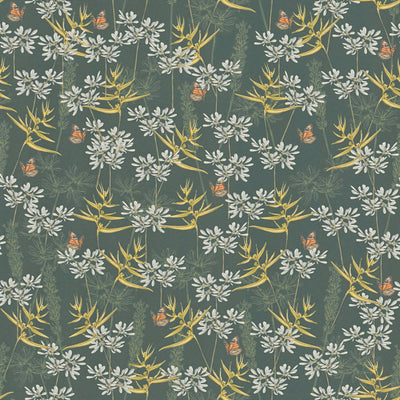 Ziedu tapetes ar zāli un tauriņiem, matēta tekstūra, zaļā un dzeltenā, 1401770 AS Creation