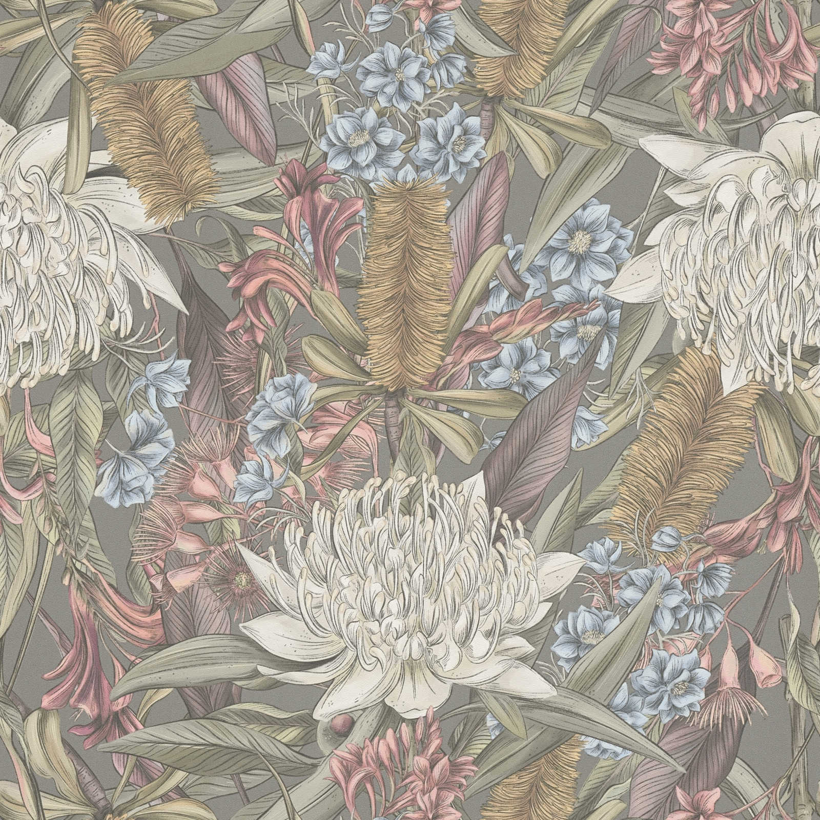 Ziedu tapetes džungļu stilā ar lapām un ziediem: zaļā rozā, 394283 AS Creation