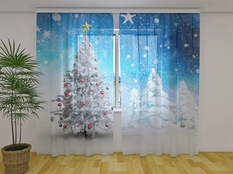 Christmas curtains for living room - White Christmas trees Tapetenshop.lv