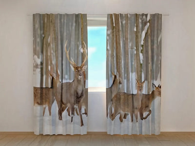 Christmas curtains - a majestic deer in a peaceful snowy forest Tapetenshop.lv