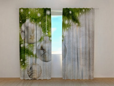 Christmas curtains - background of festive decorations and pine branches, order at Tapetenshop.lv