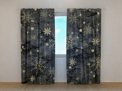 Christmas curtains decorated with charming gold snowflakes - buy at Tapetenshop.lv