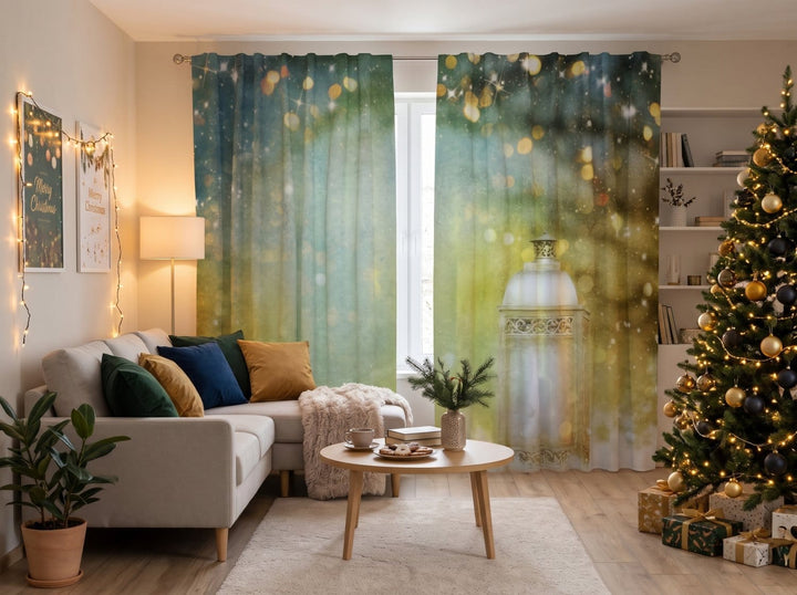 Aizkari ar laternas un svētku bokeh gaismu foto apdruku gaišā istabā pie loga