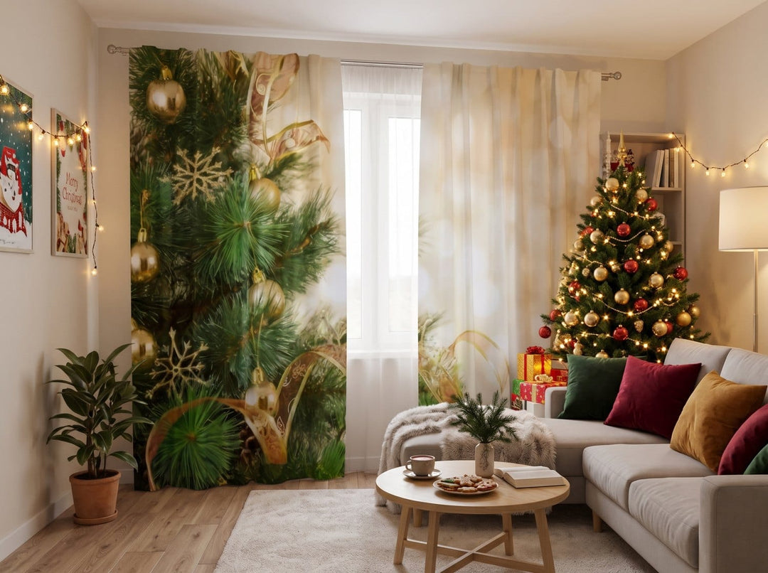 Caurspīdīgi dienas aizkari ar Ziemassvētku egļu zaru un zeltainu gaismu apdruku pie loga