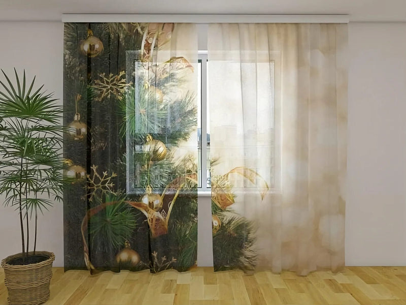 Christmas curtains with golden ornament and spruce branch - buy at Tapetenshop.lv