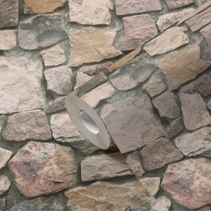 3D tapetes ar akmens izskatu un ķieģeļu mūrējumu - pelēkā un krēmkrāsā AS Creation