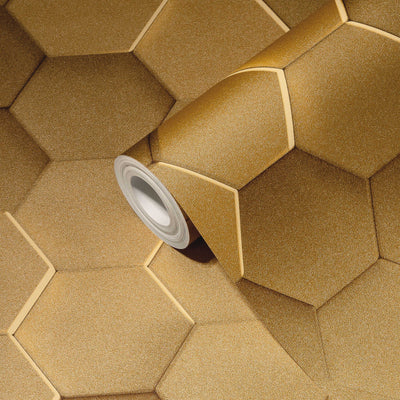 3D tapetes ar grafisku rakstu: bišu šūnas, sešstūra formas zeltā krāsā, 1364240 AS Creation