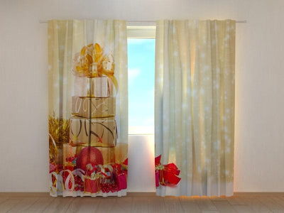 Curtains with Christmas presents