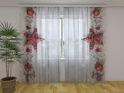 Curtains Christmas decor red stars 2 180 x 140 cm (2x90x140 cm) / Chiffon