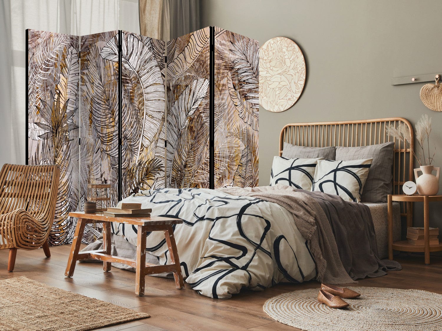 Dekoratīvais aizslietnis ar tropiskām lapām brūnos toņos 225x172 cm ART