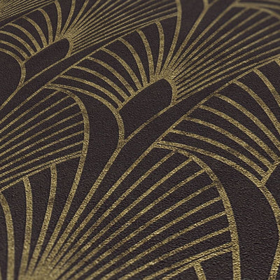 Art Deco tapetes ar zelta retro rakstu un fonu melnā krāsā 1333001