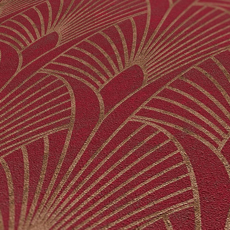 Art Deco tapetes ar zelta retro rakstu un fonu sarkanā krāsā AS 374274 AS Creation