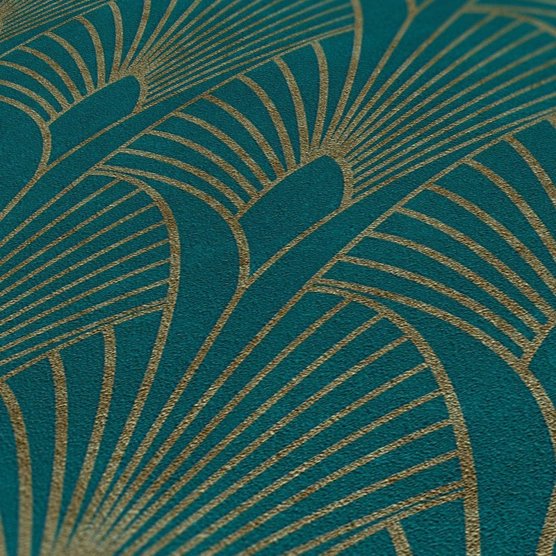 Art Deco tapetes ar zelta retro rakstu un fonu zilā krāsā AS 374275 AS Creation