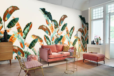 Daudzkrāsainas tropiskas fototapetes ar banānu lapām 1665067 (400x300 cm)