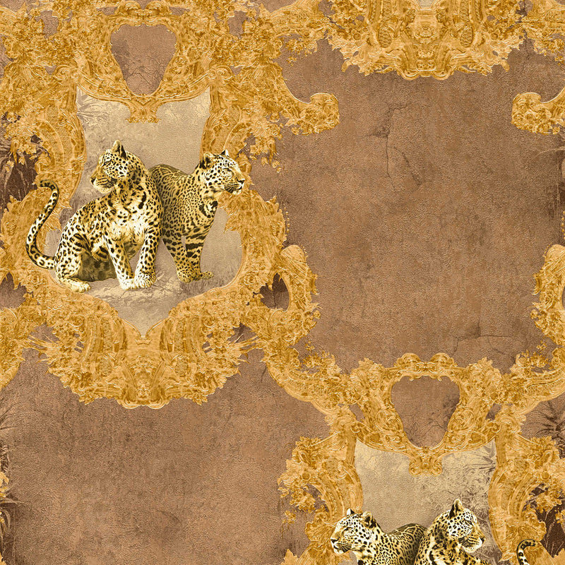 Dekoratīvas tapetes ar leopardiem un ornamentu brūnā krāsā, 1217111 AS Creation