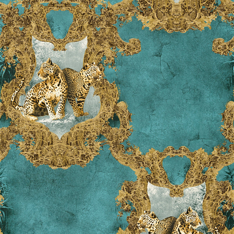 Dekoratīvas tapetes ar leopardiem un ornamentu zilā krāsā, 1217113 AS Creation