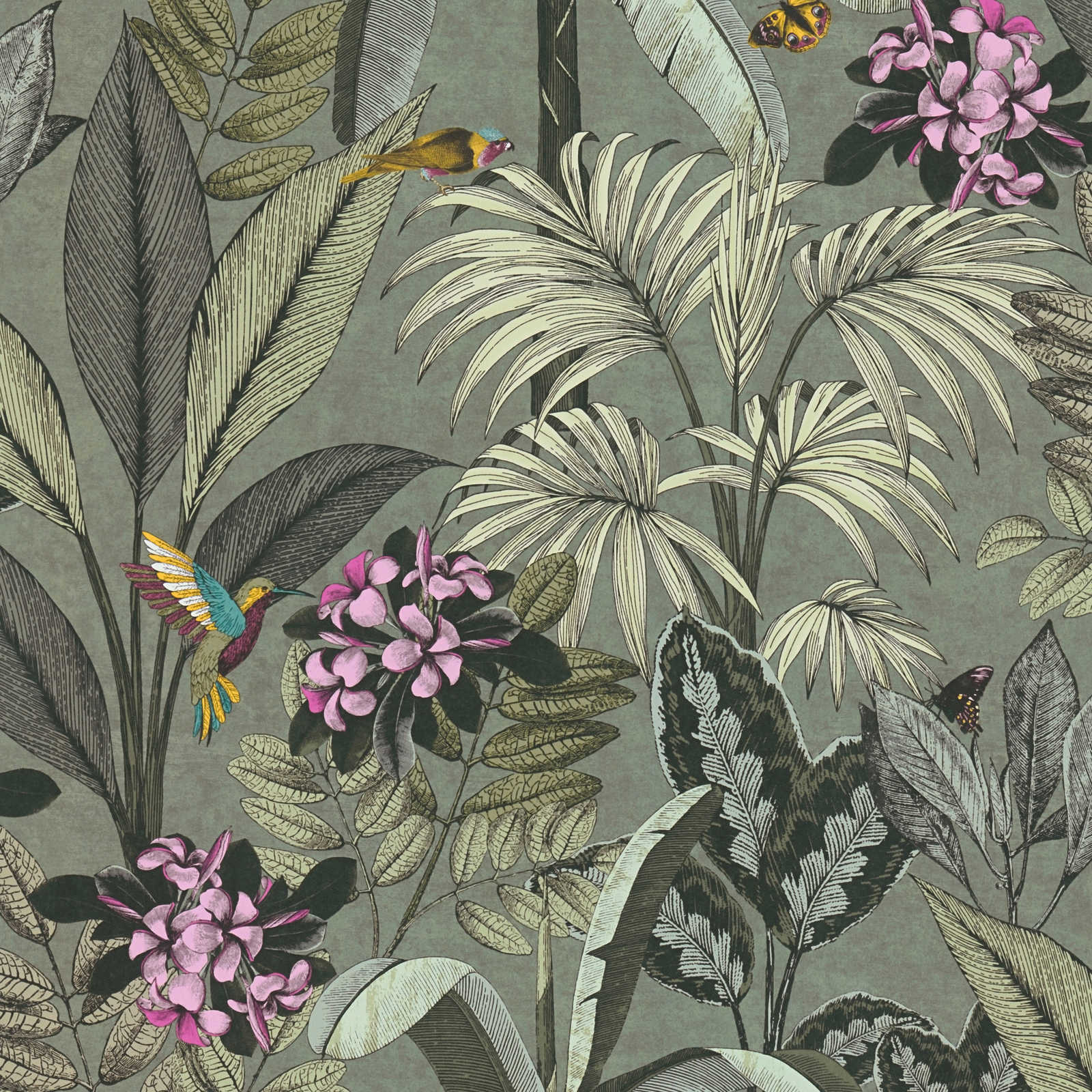 Džungļu tapetes lapas, ziedi un putni - zaļā krāsā, 387382 AS Creation