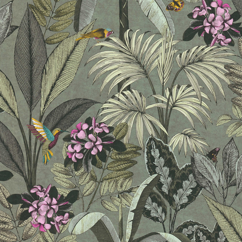 Džungļu tapetes lapas, ziedi un putni - zaļā krāsā, 1364466 AS Creation