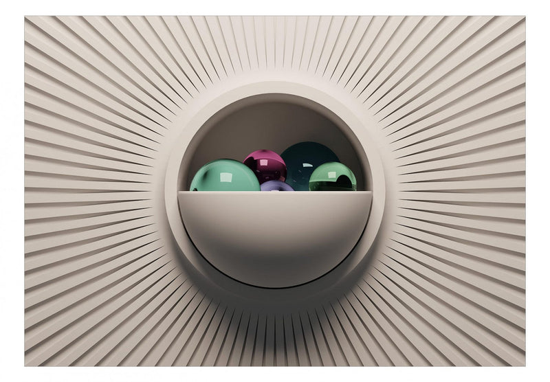 Foto tapetes bumbiņas bļodā - abstrakta krāsainu bumbiņu kompozīcija uz smilšu fona Nr. 129884