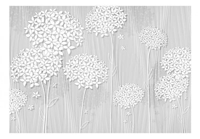 Fototapetes ar baltiem stilizētiem ziediem uz pelēka fona, 64248 G-ART